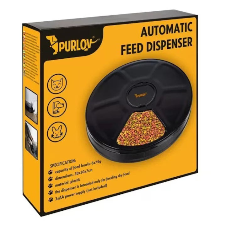 Dispenser Automat hrana animale Purlov, 30 cm, 900 ml, 6 compartimente, 6 programe, Negru