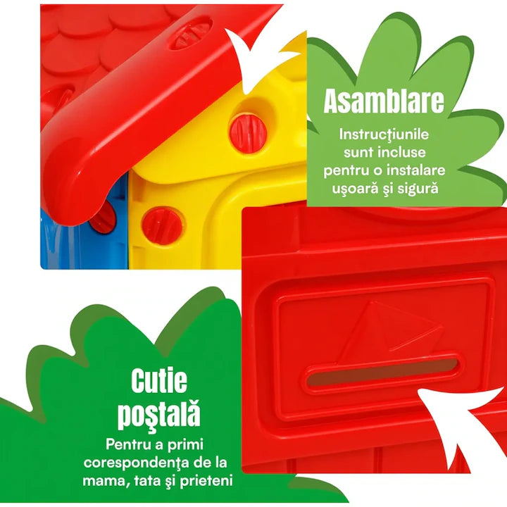 Casuta de gradina pentru copii din plastic cu usi si ferestre care se deschid, casa de joaca interior exterior cu detalii interactive, 122x104x110 cm, galben rosu albastru