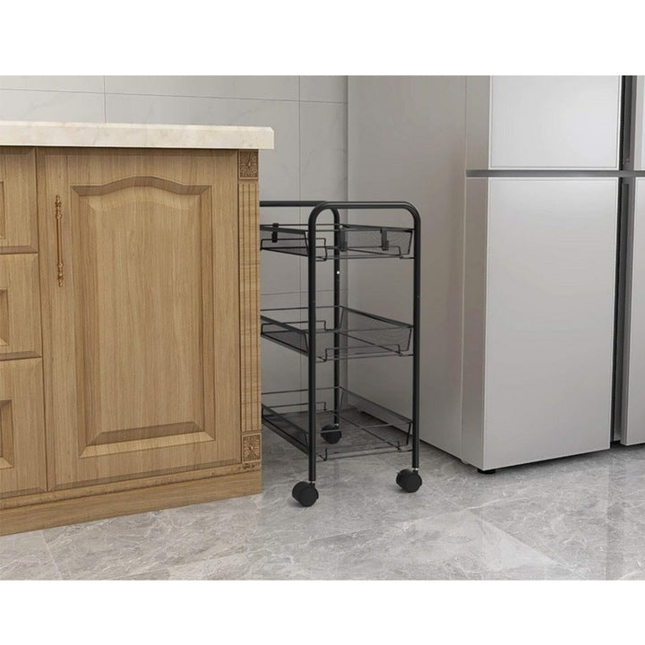 Raft mobila cu 3 etajere , pentru bucatarie, baie, living, usor de Montat, pentru spatii inguste, Material ABS/Otel Inoxidabil, Metal, 64 x 44 x 27 cm, Negru
