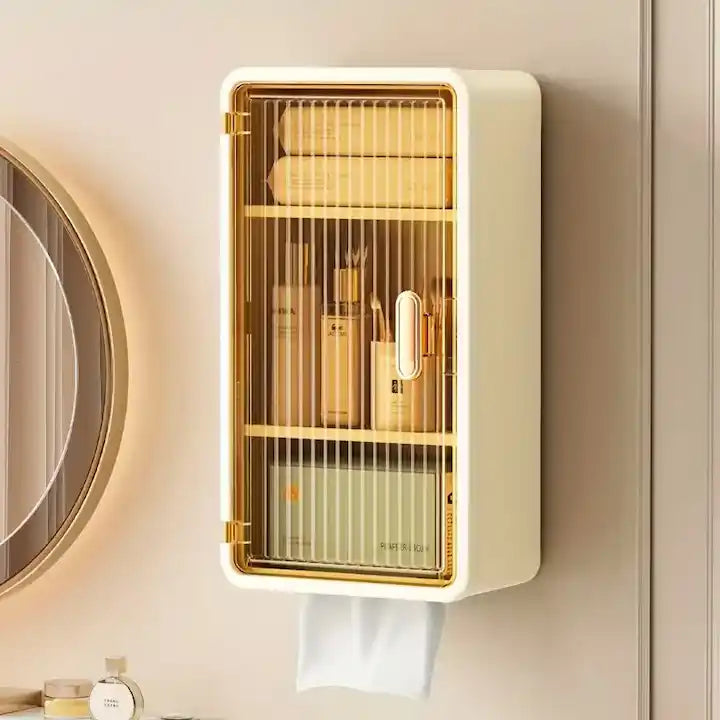 Organizator Cosmetice, Montare pe Perete fara Perforare, 36.5x10.9x20 cm, cu 3 Rafturi, din PP si ABS, Bej, Usa Transparenta
