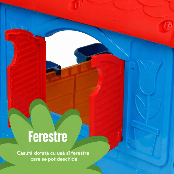 Casuta de gradina pentru copii din plastic cu usi si ferestre care se deschid, casa de joaca interior exterior cu detalii interactive, 122x104x110 cm, galben rosu albastru