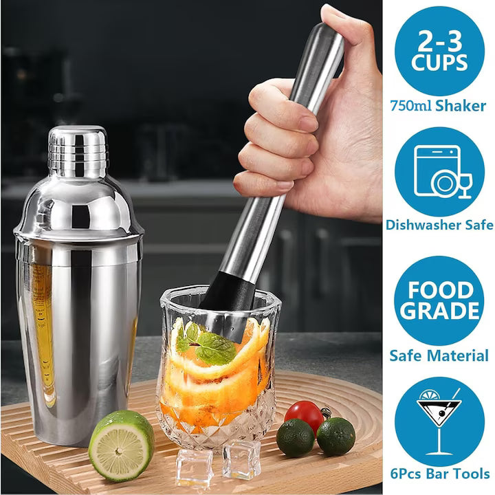 Set 6 Barman Pentru Bauturi, shaker de 750 ml, Otel Inoxidabil, Argintiu
