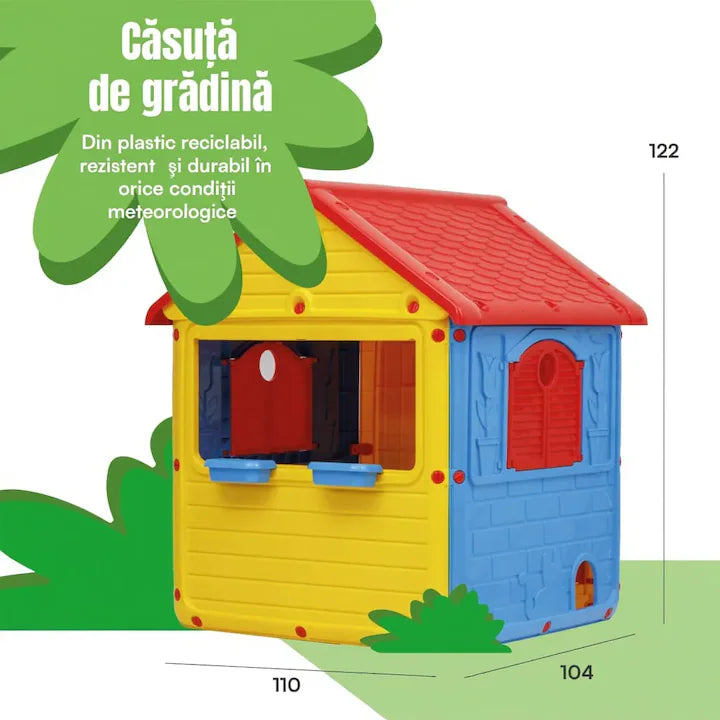 Casuta de gradina pentru copii din plastic cu usi si ferestre care se deschid, casa de joaca interior exterior cu detalii interactive, 122x104x110 cm, galben rosu albastru