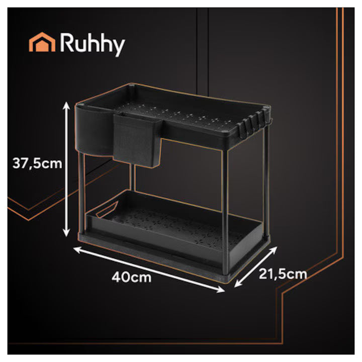 Organizator pentru sub chiuveta Ruhhy, 2 niveluri extensibile, structura din fier si rafturi din PP, 40x27.5x37.5 cm, finisaj mat, culoare neagra