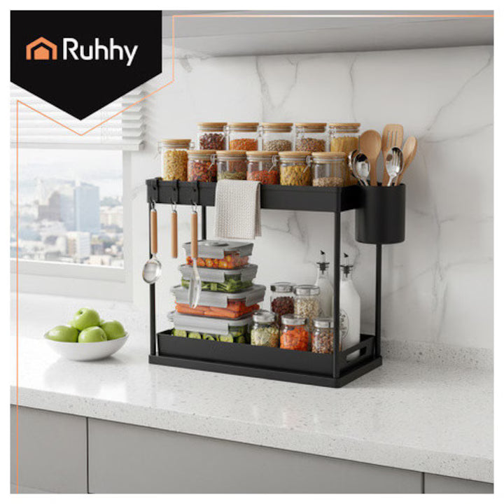 Organizator pentru sub chiuveta Ruhhy, 2 niveluri extensibile, structura din fier si rafturi din PP, 40x27.5x37.5 cm, finisaj mat, culoare neagra