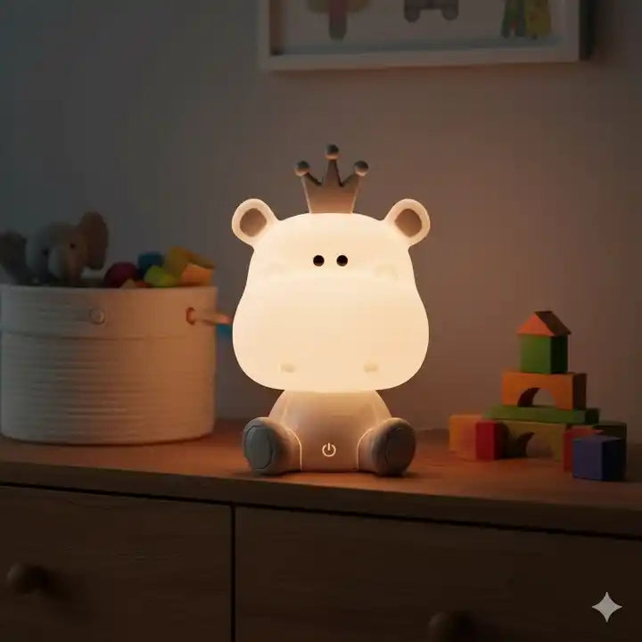 Lampa de veghe copii, model cu hipopotam, cablu USB, Alb/Gri