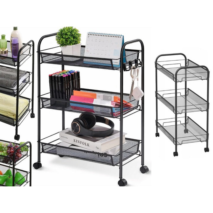 Raft mobila cu 3 etajere , pentru bucatarie, baie, living, usor de Montat, pentru spatii inguste, Material ABS/Otel Inoxidabil, Metal, 64 x 44 x 27 cm, Negru