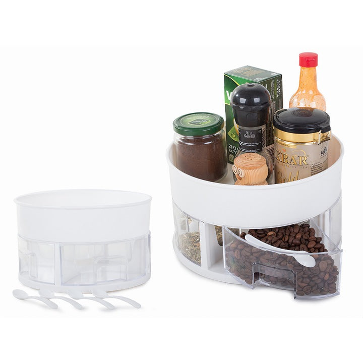 Organizator rotativ pentru bucatarie , cu sertare de condimente si lingurite din plastic, design compact si rotund, 13x22, 5 cm
