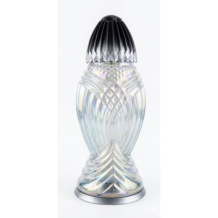 Candela decorativă mare din sticlă cu efect curcubeu, argintie, 39.5cm