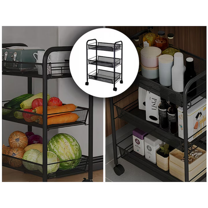 Raft mobila cu 3 etajere , pentru bucatarie, baie, living, usor de Montat, pentru spatii inguste, Material ABS/Otel Inoxidabil, Metal, 64 x 44 x 27 cm, Negru